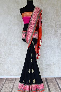 Buy captivating black georgette Banarasi saree online in USA with floral zari buta and pink foliate zari border. Elevate your traditional saree style with beautiful Indian Banarasi saris from Pure Elegance Indian fashion store in USA. We also have a stunning variety of bridal saris for Indian brides in USA. Shop now. Benaras Sarees, Georgette Banarasi Saree, Bridal Sari, Poet Quotes, Saree Style, Diamond Mangalsutra, Traditional Saree, Indian Brides, Pure Elegance