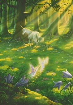 a painting of a unicorn in the woods with flowers and birds flying around it's feet