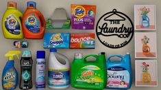 several different types of cleaning products are arranged on a wall with the laundry company logo above them