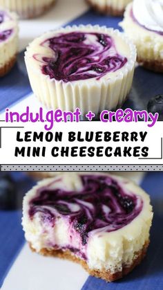 an image of lemon blueberry mini cheesecakes on a plate with the words indulgentity and creamy