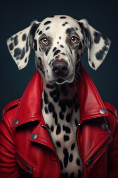 a dalmatian dog wearing a red leather jacket and looking at the camera with an intense look on its face