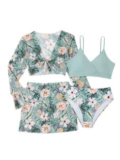 PRICES MAY VARY. 4pcs floral print bikini sets for girls Fabric: Fabric has some stretch, soft and comfortable Feature: Floral print, v neck, wrap, spaghetti strap, wireless bra, long sleeve tie front cover up tops and beach skirt cover ups, fashionable Suitable occasions: Suit for vacations, swimming, spa, surfing, bathing, pool, beachwear, etc Size recommendation: Please refer to size chart which we provide in our photos (The product measurement is clothes size, NOT body measurement) Size Char Swimsuit With Cover Up, Mom Swimsuit, Swimsuit Floral, Flattering Swimwear, Swimsuit Trends, Island Fashion, Cute Bathing Suits, Beach Skirt