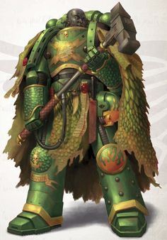 a green and gold painted warhammer standing on one leg