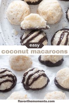 chocolate covered coconut macaroons on a white plate