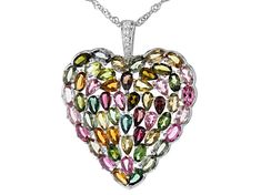 5.61ctw Oval and 4.49ctw Pear Shape Multi-Tourmaline with .08ctw Round White Zircon Rhodium Over Sterling Silver Heart Shape Pendant With 18" Singapore Chain. Measures approximately 1.65"L x 1.35"W. Lobster clasp. 3mm bail. 2" extender. Elegant Multicolor Heart Cut Jewelry, Fine Jewelry In White Gold With Tourmaline, Multicolor Tourmaline Gemstones Fine Jewelry, Multicolor Tourmaline Gemstones For Fine Jewelry, Multicolor Tourmaline Fine Jewelry, Multicolor Tourmaline Jewelry For Anniversary, Oval Tourmaline Jewelry With Gemstone Accents, Elegant Multicolor Tourmaline Jewelry, Multicolor Pear-shaped Jewelry For Anniversary