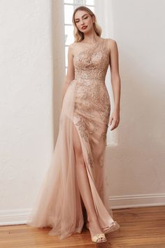 Ladivine CB098 one shoulder embellished gown with tulle overskirt Tulle Overskirt, Fitted Gown, Fitted Gowns, Cinderella Divine, Long Formal Gowns, Embellished Gown, Bridesmaid Dresses Prom, Asymmetrical Neckline, Full Length Dress