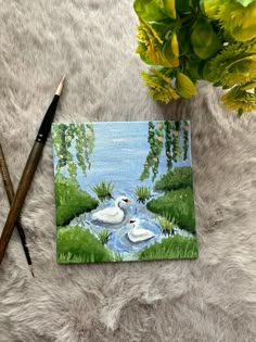 a painting of two swans swimming in a river