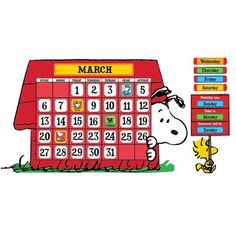 a calendar with a cartoon character holding a sticker in front of it and the words march above it