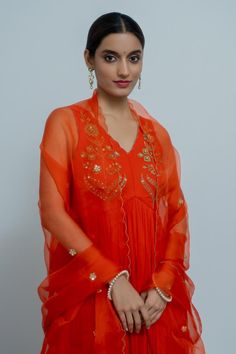 Royal orange georgette anarkali featuring a V neck and sleeveless design with zardosi hand embroidery on the yoke. Paired with a silk organza dupatta adorned with delicate embellishments., Fit: Relaxed Anarkali Georgette, Orange Anarkali, Anarkali With Dupatta, Georgette Anarkali, Embroidered Anarkali, Add Sleeves, Georgette Dupatta, Organza Dupatta, Women Kurta