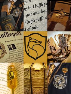 harry potter themed collage with hogwart's crest, books and flasks