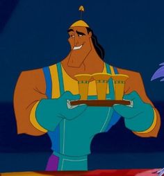 an animated character holding a tray with drinks on it