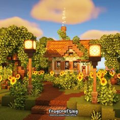 Bee Hut Minecraft, Sunflower Minecraft House, Honeycomb House Minecraft, Earthy Minecraft House, Minecraft Sunflower Field, Minecraft Honeycomb Build, Minecraft Orchard, Minecraft Flower House, Minecraft Bee House