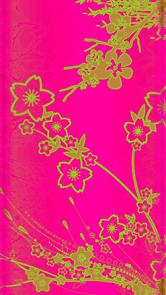 a pink and green background with flowers on it