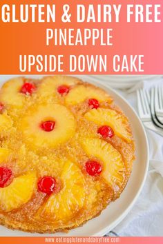 Gluten free pineapple upside down cake on a plate. Pineapple Upside Cake, Pineapple Upside Down Cake Recipe, Upside Down Cake Recipe, Gluten Free Substitutes, Almond Flour Cakes, Cherry Topping, Best Gluten Free Desserts, Gluten And Dairy Free, Pineapple Upside