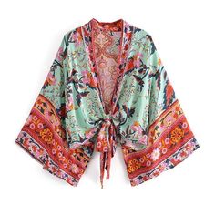 Product Details: Beautiful print Long flared sleeves Open style with matching sash tie at waist Material: Cotton Kimono Wrap Top, Boho Robes, Kimono Women, Summer Beach Shorts, Boho Festival Fashion, Kimono Wrap, Short Kimono, Boho Kimono, Vintage Floral Print