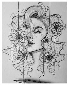 a drawing of a woman's face with flowers in her hair and on the side