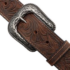 Product Details: Traditional tooled billets western belt Decorative engraved buckle Brown Belt width: 1 1/2" Buckle finish: Antique silver Includes snaps that allow you to change out the buckle Note: Western belts tend to run small, please consider when ordering