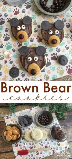 brown bear cookies on a table with dog paw prints and chocolates in bowls next to them