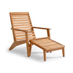 a wooden chair and foot stool on a white background