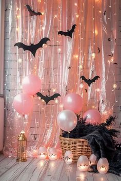 A chic and fun pink Halloween party setup featuring spooky pink Halloween decor with pastel pumpkins, glittery bats, and soft lighting, perfect for a girly Halloween party filled with creative Halloween party decor ideas. Girly Halloween Party Ideas, Halloween Princess Party, Cute Halloween Party Decor, Hello Kitty Halloween Party Ideas, Halloween Pink Party, Pink Halloween Crafts, Pink Halloween Party Ideas, Pink Halloween Birthday, Pink Halloween Party Decor