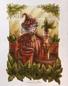 a watercolor painting of a woman sitting on a window sill with potted plants