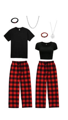 a black shirt and red plaid pajama set with necklaces on the neck