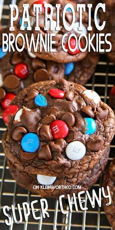 chocolate cookies with m & m's on top and the words, patriotic brownie cookies