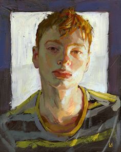 an oil painting of a young man with blonde hair wearing a yellow and black striped shirt