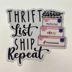 there is a sticker that says, thrift list ship repeats on it