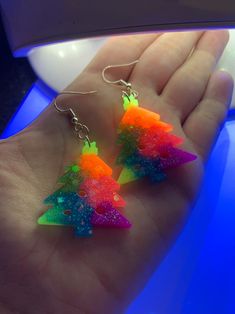 Rainbow Glitter Christmas Tree Earrings Handmade Funky - Etsy Rainbow Christmas Tree, Glitter Christmas Tree, Rainbow Christmas, Rainbows Christmas, Winter Jewelry, Tree Earrings, Christmas Tree Earrings, Neon Rainbow, Rainbow Glitter