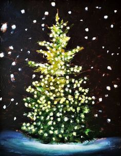 a painting of a lit christmas tree in the snow