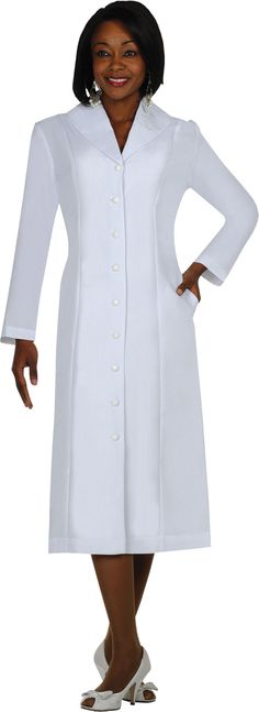 Women's Usher Suits by GMI-11674. Made in a poly crepe fabric. Great choice for church and choirs groups. This Church Suit is Unlined. Praying hand detailed on the collar Long-sleeves Embroidered shawl collar Unlined Button-front closure Dress with side swam Hidden pockets 100% Polyester Height 47 inch Usher Suits, Dresses For Church, Choir Dresses, Women Church Suits, Embroidered Shawl, Fancy Suit, White Long Sleeves, Church Suits, Uniform Dress