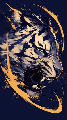 a tiger's head is shown on a dark blue background with yellow streaks around it