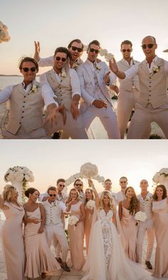 the wedding party is posing for pictures on the beach