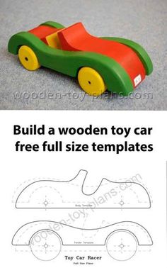 a wooden toy car is shown with the instructions to make it look like it has been cut