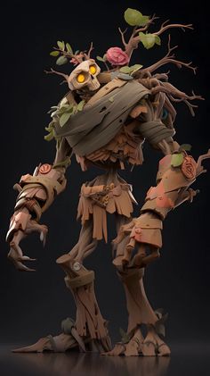 an action figure made out of wood and paper with flowers on it's head