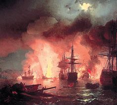 a painting of ships on fire in the ocean