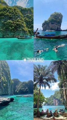 there are four pictures of people swimming in the water and one is on a boat