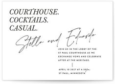 the front and back of a white wedding card with black ink on it, which reads courthouse cocktails casual