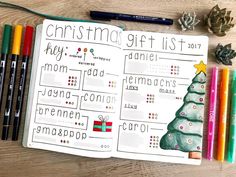 a christmas gift list with crayons, markers and pencils next to it