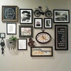 a wall filled with lots of framed photos and pictures next to a clock on the wall