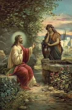 the painting depicts jesus and his woman, who is sitting on a rock in front of a tree