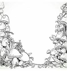 a black and white drawing of mushrooms in the woods with an empty space for text