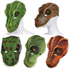 four different types of dinosaur masks on display