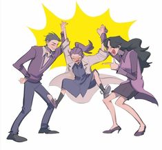 three people are dancing in front of a yellow and white background with the sun behind them