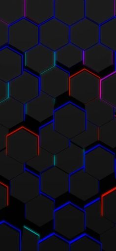 an abstract background consisting of hexagonals and neon lights in black, red, blue, and green