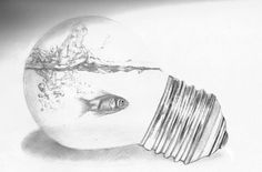 a pencil drawing of a light bulb with a fish in it's head and water coming out of it