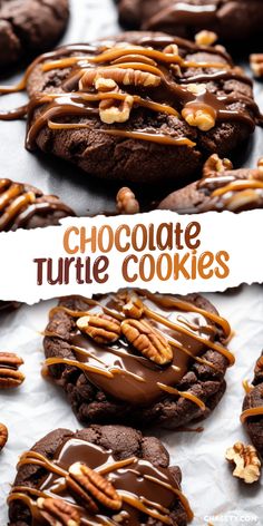 chocolate turtle cookies with caramel drizzle and pecans