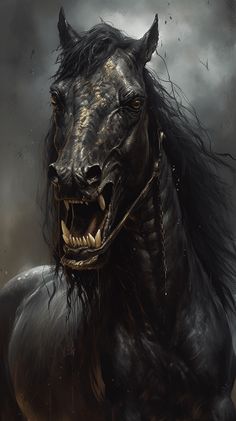 a black horse with its mouth open and it's teeth showing