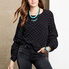 Fifteen Twenty Ruched Sleeve Top In Print Black Fall Black Blouse With Gathered Sleeves, Trendy Black Blouse With Blouson Sleeves, Black Blouse With Blouson Sleeves, Black Blouse With Blouson Sleeves In Trendy Style, Casual Black Top With Gathered Sleeves, Casual Black Tops With Gathered Sleeves, Chic Black Top With Gathered Sleeves, Sheer Sleeves Top, Tie Front Sweater